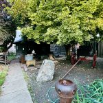 Halfway OR 9 A shaded garden area with vintage farm equipment, a large tree, stone path, red wagon, wooden shed, and a sign reading peace in front of a rustic house. Green plants border the scene.
